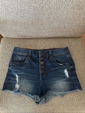 refuge Dark Blue High Waist Distressed Denim Shorts